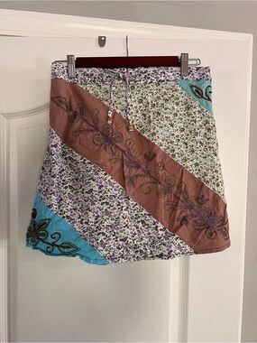 Vintage Hippie Blue Sky Patchwork Mini Skirt in Purple, Brown & Turquoise EUC!